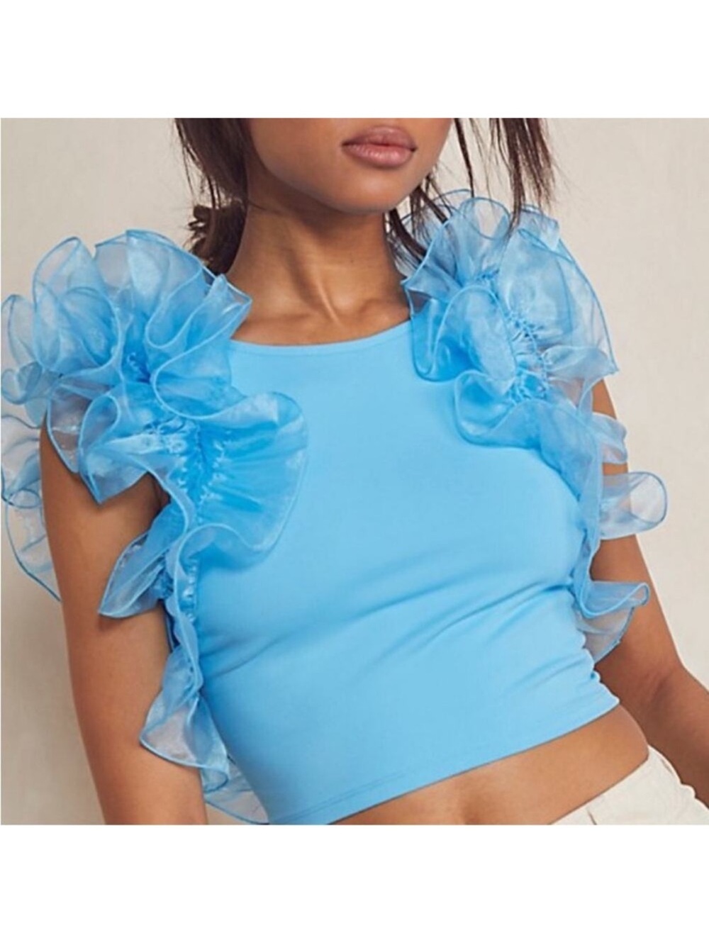 Free people house party organza puff top blue size large